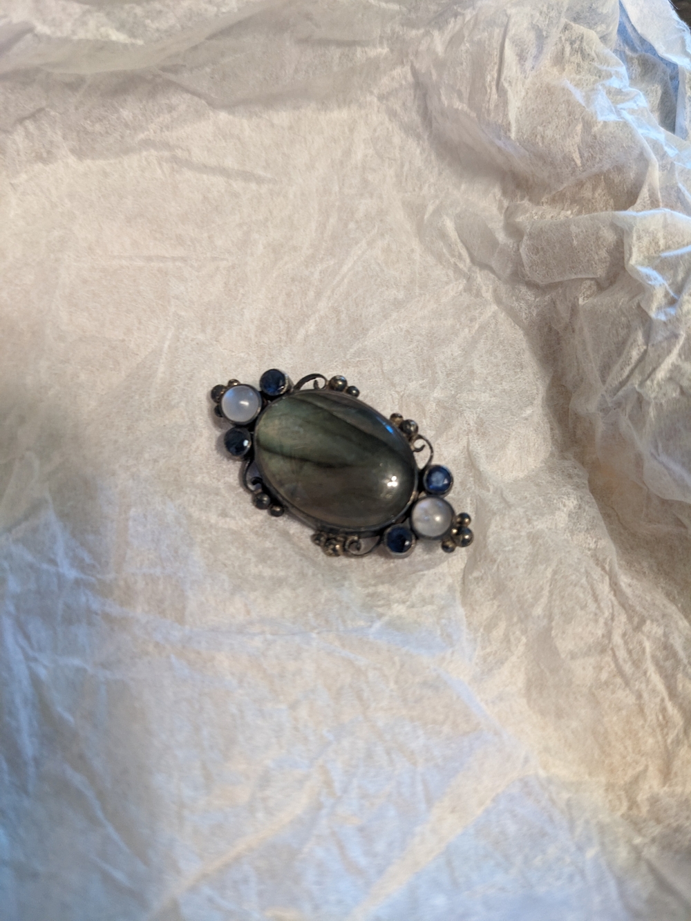 Vintage- Labradorite, Moonstone And Saphire Brooch